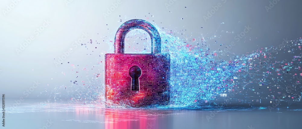 Poster 3d digital lock icon with binary code stream, cybersecurity and encryption concept, white background
