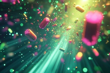 Vibrant capsules and confetti float in a neon glow. Ideal for tech, energy, or party themes, evokes futuristic excitement.