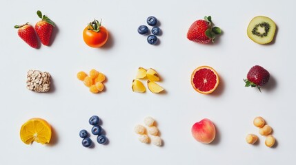 Colorful Assortment of Fresh Fruits Arranged on White Background with Stylish Presentation