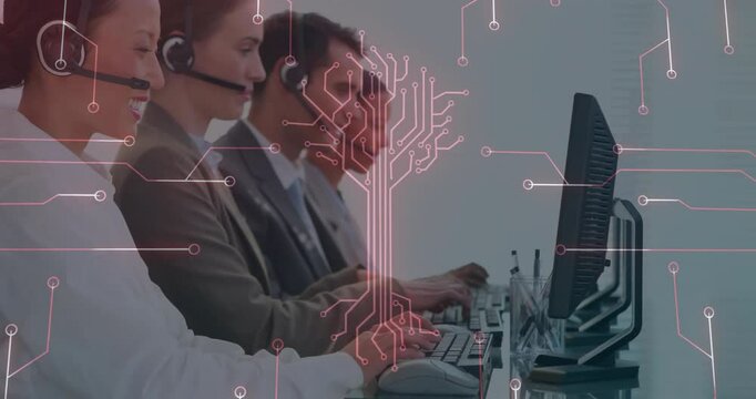 Customer service team working at computers with digital circuit overlay animation