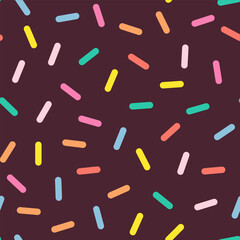 Simple Sprinkle Pattern. Chocolate Donut glaze background. Small dashes in Rainbow colors. Vector Illustration in scandinavian style.
