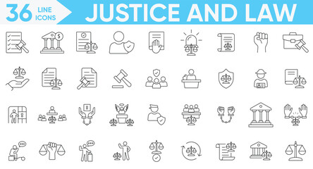 Justice and law outline icon set.court, lawyer, judgment, justice, legal, judgement,criminal, authority, criminal and more.Vector and illustrator set.