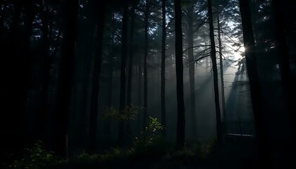 Fototapeta premium Sunlight through pine trees, atmospheric forest scenery with light rays