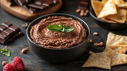 Chocolate hummus with pitchips, showcasing an unexpected but delicious culinary fusion, representing the creativityversatility of modern cuisine with sweetsavory twist for food lovers