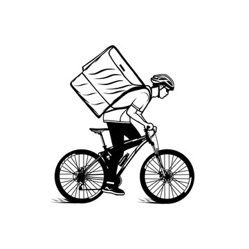 delivery cyclist riding bike black and white clip art preview