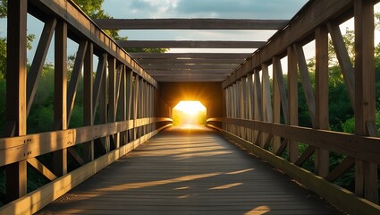 Obraz premium Empty wooden covered bridge leading to bright opening