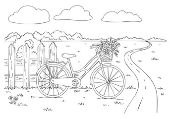 Obraz premium Village Scene with Bicycle Standing Beside the Road – Serene Pencil Sketch