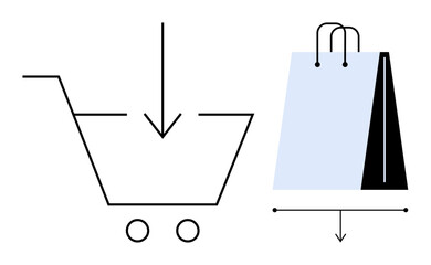 Shopping cart with downward arrow beside shopping bag signifies online shopping, purchase, delivery, retail. Ideal for e-commerce, digital buying, checkout, retail sales, trade flat simple metaphor
