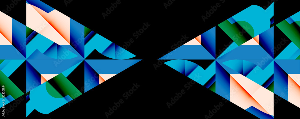 Poster Abstract geometric composition with interlocking circular and angular shapes, featuring smooth gradients and sharp contrasts on a white background