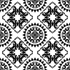 Obraz premium Oriental vector ikat damask pattern. Talavera pottery. Azulejos portugal. Turkish ornament. Spanish porcelain. Ehnic background. Black and white wallpaper. Talavera pottery.