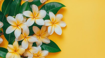 Fototapeta premium Plumeria flowers with green leaves on yellow. Perfect for summer, spa, or tropical themes, adds vibrant color and serenity.
