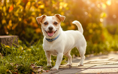 A joyful white Jack Russell Terrier enjoys the sunlight in nature. The bright background and playful energy capture the essence of a happy outdoor moment.