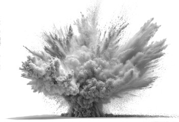 This image shows an explosion of powder in black and white, creating a dramatic burst of clouds and particles. The monochrome effect emphasizes the texture and movement, making it look like a powerful