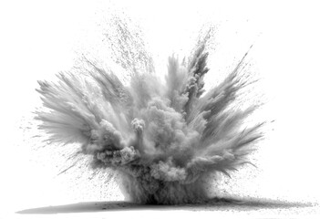 This image shows an explosion of powder in black and white, creating a dramatic burst of clouds and particles. The monochrome effect emphasizes the texture and movement, making it look like a powerful