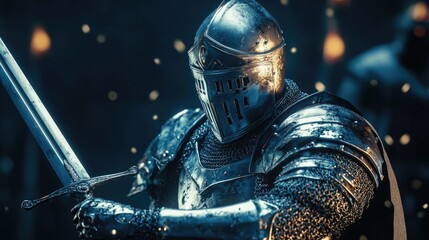 Fototapeta premium A stoic medieval knight prepares for battle with a sword