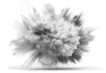 This image shows an explosion of powder in black and white, creating a dramatic burst of clouds and particles. The monochrome effect emphasizes the texture and movement, making it look like a powerful