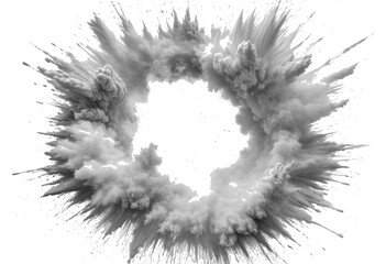 This image shows an explosion of powder in black and white, creating a dramatic burst of clouds and particles. The monochrome effect emphasizes the texture and movement, making it look like a powerful