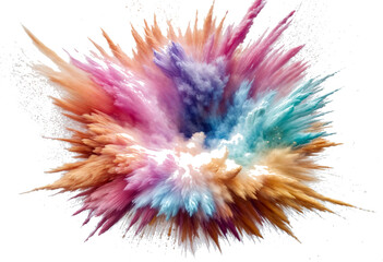 This image shows an explosion of colorful powder in the air, with bright bursts of yellow, blue, and pink against a white background. It looks like a vibrant mix of paint or Holi festival colors erupt