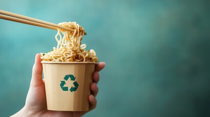 Hand holding biodegradable noodle cup with recycling symbol and chopsticks