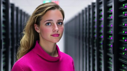 Black Friday E-Commerce Surge Illustrated with Server Room and Focused Professional Woman in Pink Reflecting Growing Online Shopping Demands and Data Processing in Modern Business Environments - Powered by Adobe
