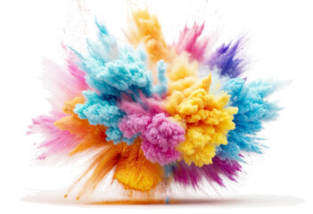 This image shows an explosion of colorful powder in the air, with bright bursts of yellow, blue, and pink against a white background. It looks like a vibrant mix of paint or Holi festival colors erupt