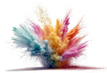 This image shows an explosion of colorful powder in the air, with bright bursts of yellow, blue, and pink against a white background. It looks like a vibrant mix of paint or Holi festival colors erupt