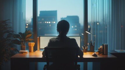 Fototapeta premium Silhouette of a Professional Working Late at Night in a Modern Office with City View