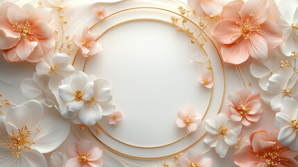 Elegant floral arrangement with soft pink and white flowers surrounding circular frame, perfect for invitations or greeting cards