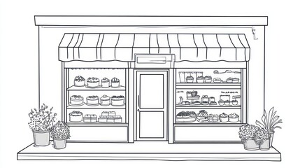 Simple bakery storefront exterior line drawing