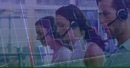 Customer service team working with headset, overlaid with financial graph animation - Powered by Adobe