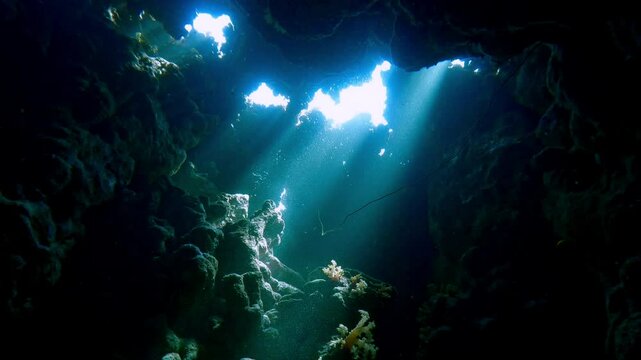 Beams of mystical light Illuminating the tranquil aquatic realm in enchanting underwater cave, Slow motion, adventure and marine caves exploration concept, diving in a coral caves