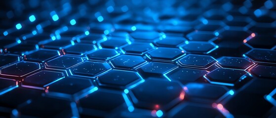 Naklejka premium Abstract glowing blue hexagon grid with futuristic vector design, black backdrop, and luminous neon blue light trails