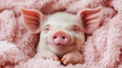 Adorable piglet snuggled in a pink blanket, eyes closed. Perfect for websites, blogs, or products related to cuteness, comfort, or animals.