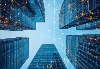 Looking Up at Modern Skyscrapers in Urban Environment with Digital Network Connections and Bright Orange Nodes Against Clear Blue Sky