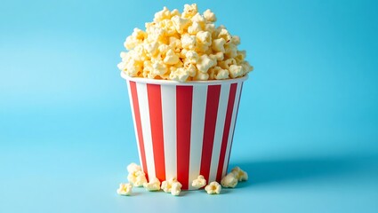 Popcorn in Striped Bucket Against a Blue Background