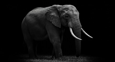 Naklejka premium Majestic Elephant In Grassy Field With Trunk Extended, Long Tusks, Large Ears