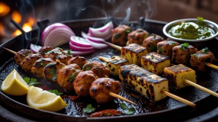 A sizzling platter of assorted tandoori kebabs&mdash;chicken tikka, paneer tikka, and seekh kebabs&mdash;charred to perfection with smoky grill marks. Freshly cut onions, lemon wedges, and green chutney on the si