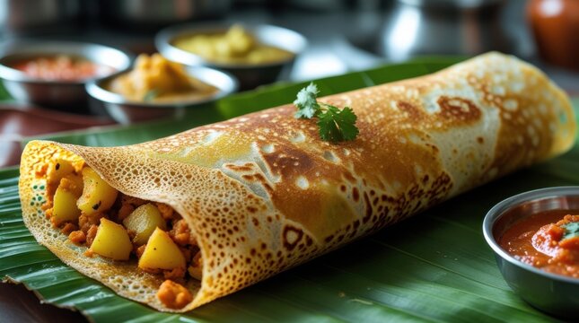 A perfectly golden, crispy masala dosa filled with spiced potato masala, served on a fresh banana leaf. A side of coconut chutney, sambar, and tomato chutney accompany the dish. The dosa’s edges curl - Powered by Adobe