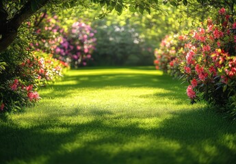 Obraz premium Lush Garden Pathway Surrounded by Vibrant Blossoming Flowers Under a Canopy of Green Leaves in Soft Natural Light