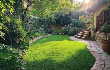 Obraz premium Lush Green Backyard with Vibrant Plants, Stone Pathway and Sunlit Trees in Serene Garden Setting