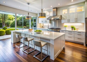 Fototapeta premium Modern White Kitchen Design: Stainless Steel Appliances & Large Island Seating