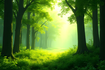 Fototapeta premium Mystical forest encounter serene woodland landscape photography lush environment ethereal viewpoint nature's tranquility