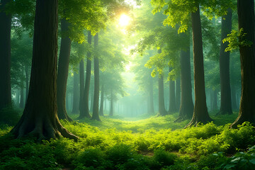 Fototapeta premium Enchanting forest light lush green woodland nature photography serene environment tranquil viewpoint captivating concept