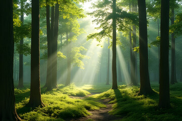 Obraz premium Sunlight streaming through trees in a tranquil forest nature photography serene environment peaceful viewpoint