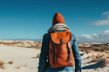 Rear view of person with backpack walking across vast sand dunes under clear blue sky during bright sunny day embodying freedom and outdoor exploration