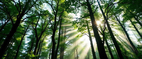 Fototapeta premium Sunlight filtering through a lush forest nature scene tranquil environment serene viewpoint forest concept