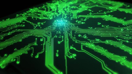 Futuristic Green Circuit Board: High-Tech Motherboard with Glowing Pathways for Innovation, Artificial Intelligence, and Computer Technology Design.