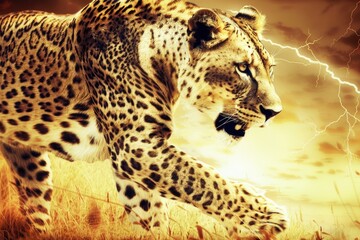 Obraz premium Powerful Leopard Striding Through a Golden Savanna During a Storm