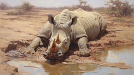 Fototapeta premium White rhino rests by watering hole in savanna