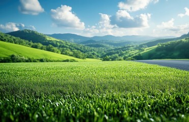 Lush Green Grass in a Scenic Landscape Under Clear Blue Skies with Soft White Clouds in the Background and Rolling Mountains in the Distance